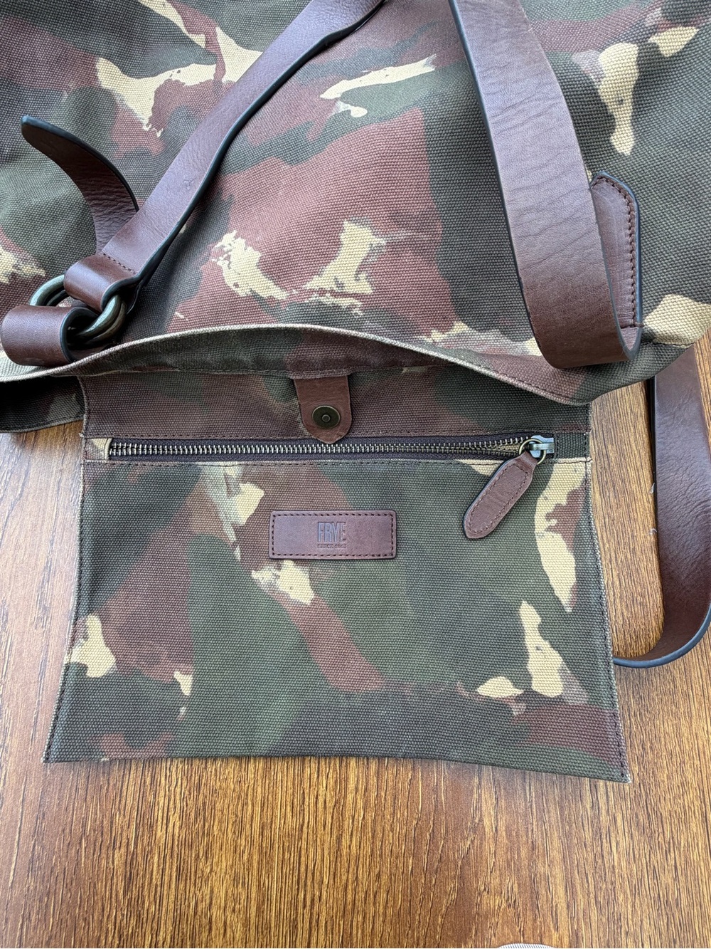 Frye Camo Canvas Leather Tote Bag Large Shoulder Shopper Brown Green - Picture 10 of 16